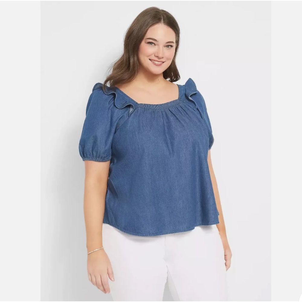 Lane Bryant Chambray Denim Ruffle Square Neck Cotton Blouse Top Size 24 NWT